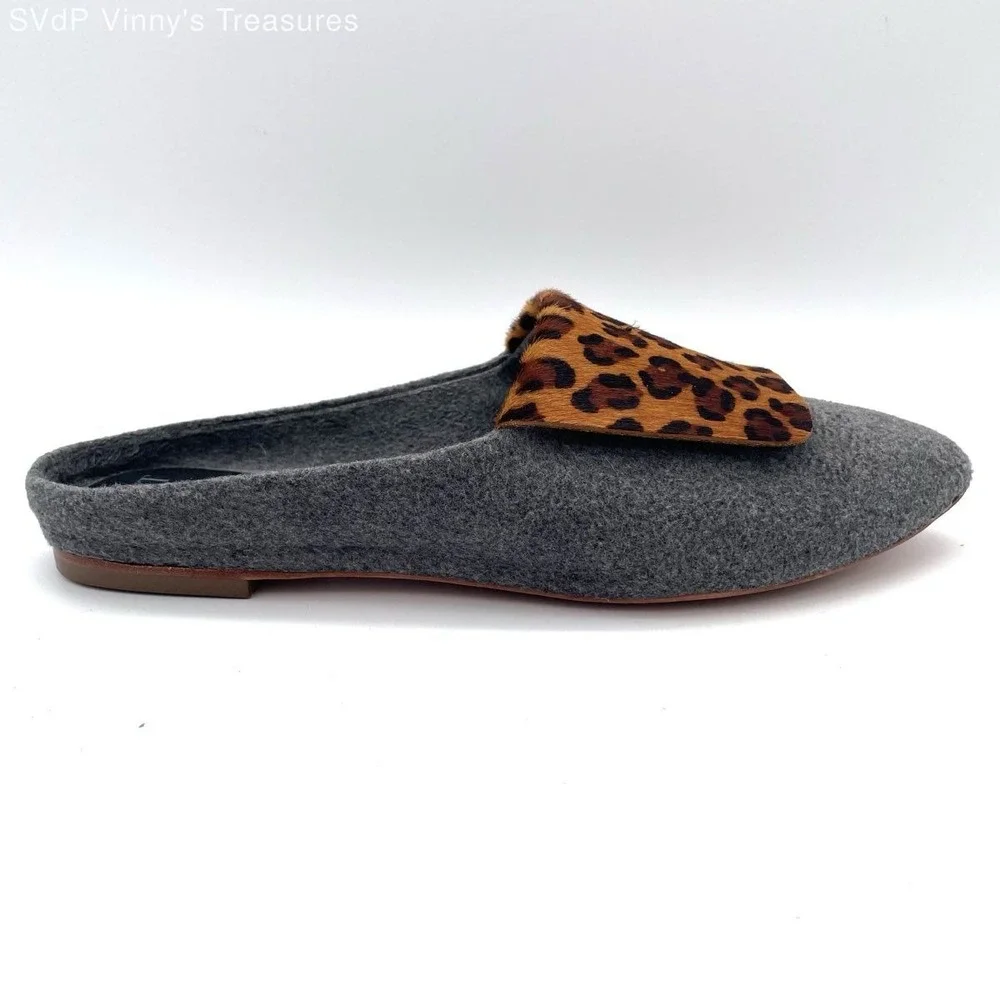 Sant M by Santoni Gray Wool Felt Leopard Calf Hair Mules Women's EU 39 US 8